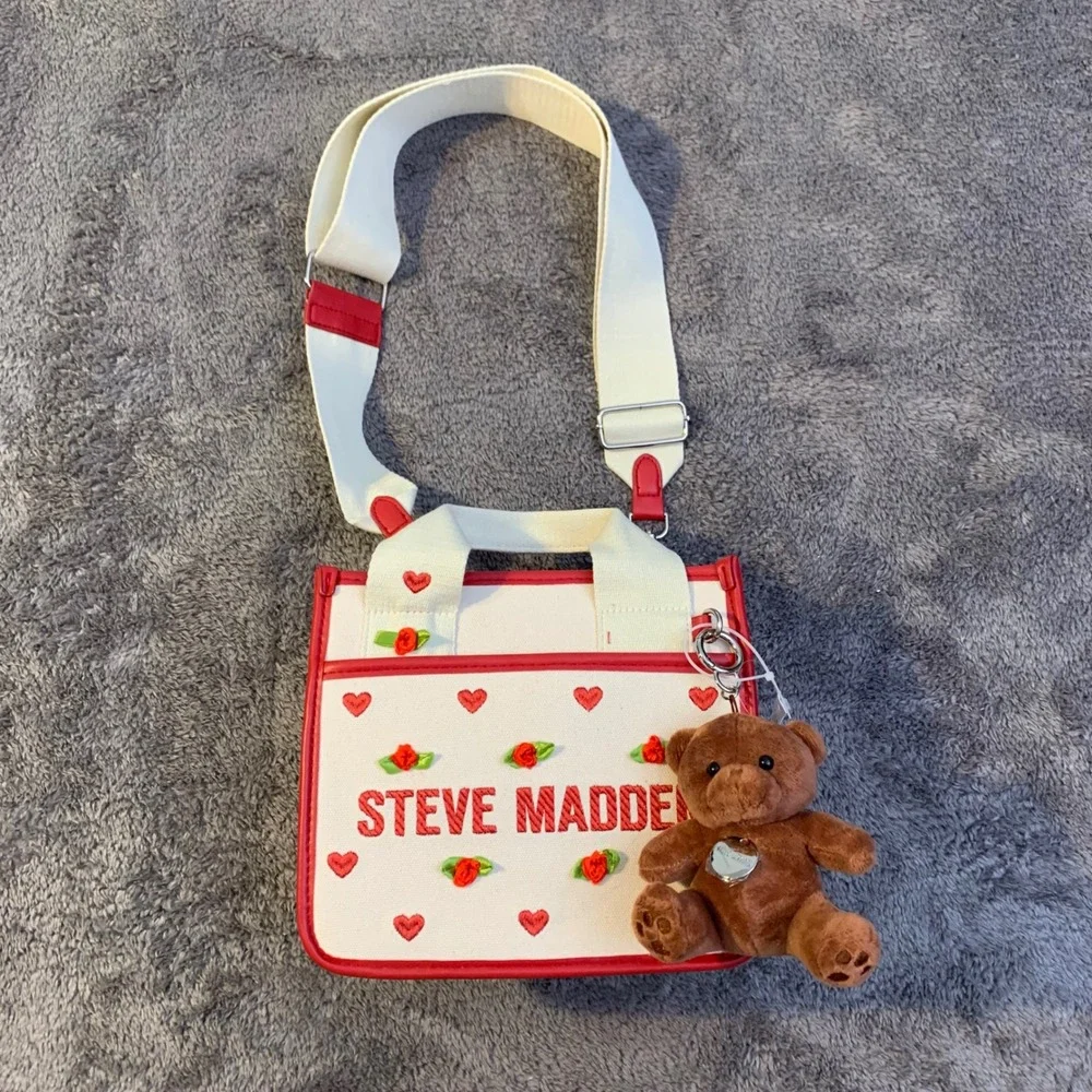 Steve Madden Rosette‎ Satchel Red Embroidered Hearts with Bear DT627305